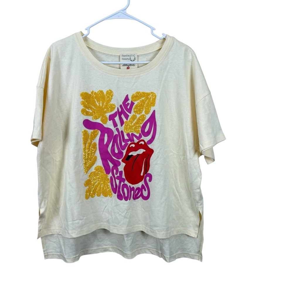 Fantastic‎ Fawn Rolling Stones Yellow Sequin Graphic Oversized Tee Size S